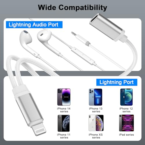 Apple MFi Certified Lightning to 3.5mm Headphones Jack Adapter | iPhone Dongle 2 in 1 Charger and Aux Audio Splitter Adapter for iPhone 14 13 12 11 XS XR 8 7 - color: Silver-L to 3.5