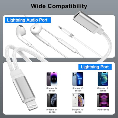 Apple MFi Certified Lightning to 3.5mm Headphones Jack Adapter | iPhone Dongle 2 in 1 Charger and Aux Audio Splitter Adapter for iPhone 14 13 12 11 XS XR 8 7 - color: Silver-L to 3.5