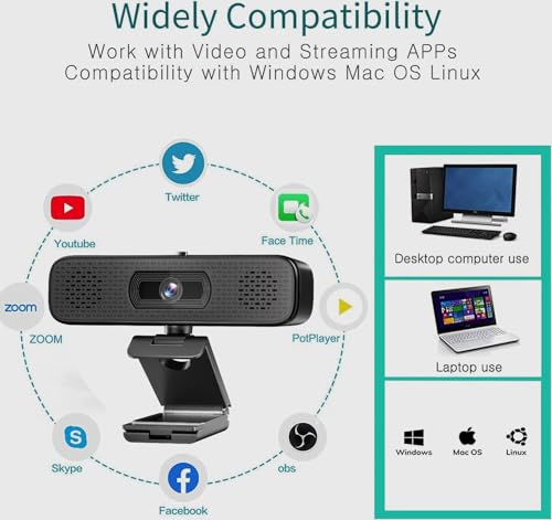 3-in-1 2K Webcam with Dual Speakers & 4 Noise-Canceling Mics, USB Plug & Play Computer Camera with Privacy Cover for Zoom Meeting Online Teaching Video Calling