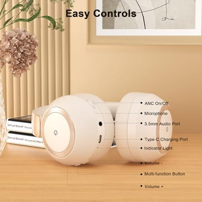 Active Noise Cancelling Headphones, 100H Playtime Headphones Wireless Bluetooth, Bluetooth Headphone with Microphone, Over- Ear Wireless Headphone with Deep Bass for Travel - color: Beige