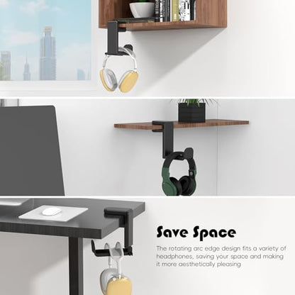 Rotating Headphone Hook - Under Desk Headphone Holder with 360-Degree Adjustable Rotation&Cable Clip Organizer - Black