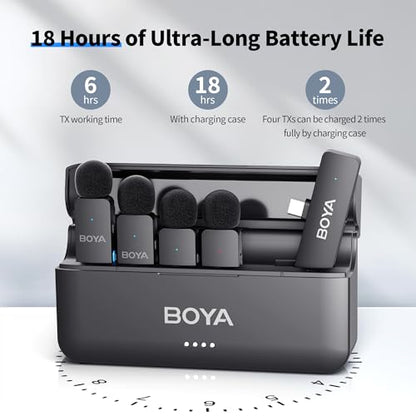 BOYA BY-V4U Wireless Lavalier Microphone for iPhone 15/16 Series, Mini Microphone 200m Range, 18h Battery Life with Noise Cancellation, Compatible for Video Recording, Podcasts, Interviews - style: 4 Channel