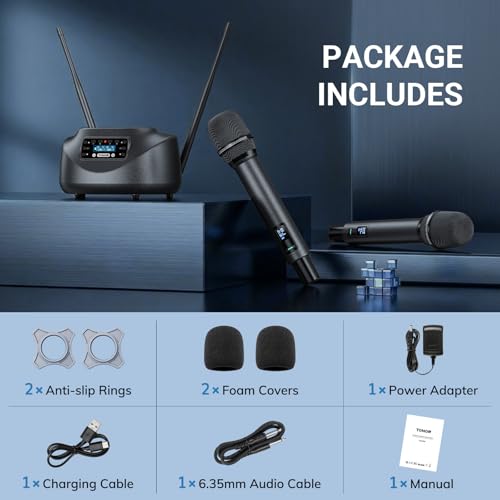 TONOR Bluetooth Wireless Microphones, Rechargeable UHF Cordless Microphone System for Home Party, Metal Dual Handheld 260ft for Home Karaoke, Church, Party,TW-790, Black