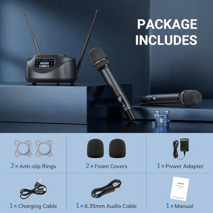 TONOR Bluetooth Wireless Microphones, Rechargeable UHF Cordless Microphone System for Home Party, Metal Dual Handheld 260ft for Home Karaoke, Church, Party,TW-790, Black