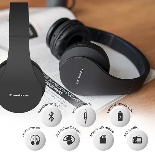 PowerLocus Wireless Bluetooth Over-Ear Stereo Foldable Headphones, Wired Headsets Rechargeable with Built-in Microphone for iPhone, Samsung, LG, iPad (Black) - color: Black