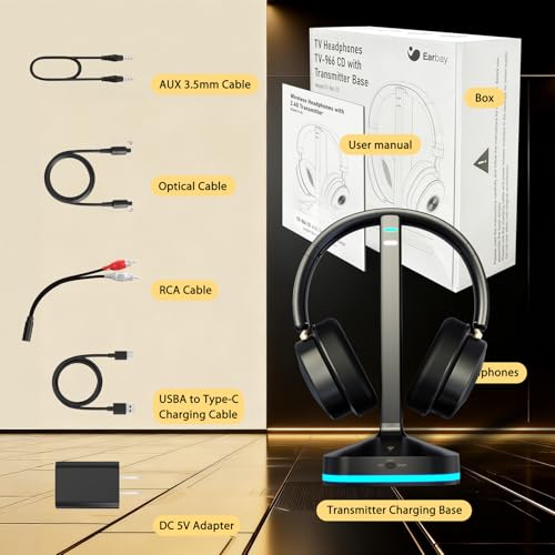 Wireless Headphones for TV, TV Headphones Wireless for Senior with Digital Optical RCA AUX 3.5 MM Transmitter Charging Dock, Over Ear Headphones with Low Latency & HiFi Sound, Gifts for Parent/Elderly