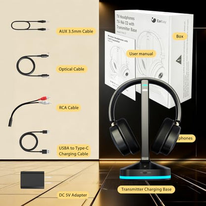 Wireless Headphones for TV Watching, TV Headphones Wireless for Seniors with Low Latency , V5.4 Over Ear Headphones with Digital Optical RCA AUX 3.5 MM Transmitter Charging Dock, for Elderly Seniors