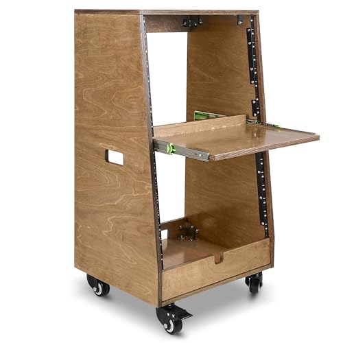 Sound Town DIY Slanted 16U Studio Rack (8U Top + 8U Lower), with 2U Bottom Storage, Slide-Out Tray, Caster, Plywood, Weathered Brown for Recording Room, Home Studio (SDRK-ST16TB) - size: 16U(8U Top + 8U Lower),Weathered Brown