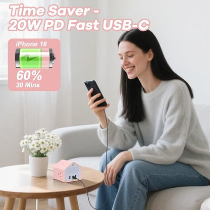 Lovely-Pink Power Strip with Night Light, Kawaii USB C Desk Accessories | 4 Outlets 3 USB Ports, Overload Protection Plug Extender, Home Office Dorm Travel Hotel, Women Girls - color: Lovely-Pink
