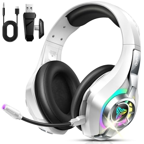 Ordtop 2.4GHz Wireless Gaming Headsets for PS5/PS4/Switch, 2026 RGB Noise Cancelling Over-Ear Headphones with 7.1 Surround Sound, 40mm Drivers, 276g Ultraligero, Memory Foam, 45H Gaming Headphones﻿ - color: White