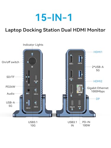 ACASIS USB C Docking Station Dual Monitor,15-in-1 Laptop Docking Station with 2*HDMI+DP,+ 2*USB3.1-10G+3*USB-A-5G+SD/TF+3.5MM Audio&MIC+Gigabit Ethernet, for Windows/Dell/HP/Lenovo