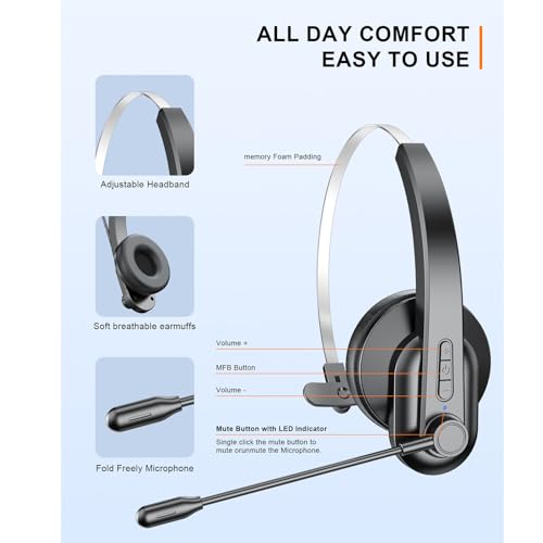 Trucker Headset with Mic, On Ear Bluetooth Headphone with USB Receiver, Noise Cancelling, Long Battery Life for Truck Drivers, Cell Phones