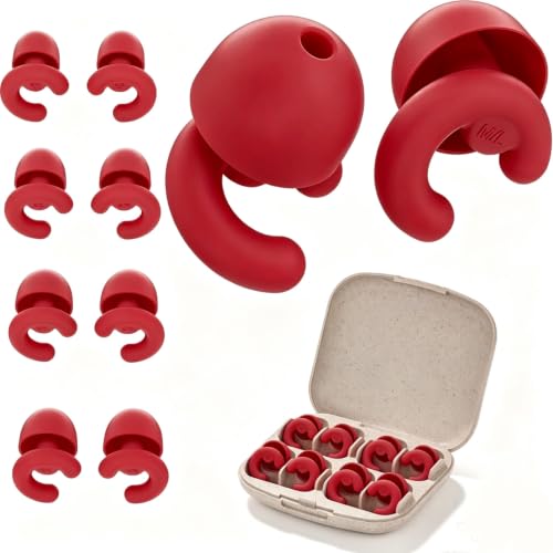 Noise Cancelling Ear Plugs Sleep 50dB NRR Side Sleep Small Ear | ultra soft silicone, reusable one-piece design, 4 sizes included, portable case - color: Red