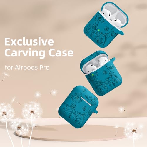 Lerobo for AirPod Case 2nd/1st Generation with Keychain | Flower Engraved Silicone Protective Cover for AirPods 2 Case, Wireless Charging, Shockproof, One-piece Design, Verdant Blue - color: Verdant Blue