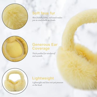 Earmuffs for Women Girls Faux Fur Fuzzy Headband Foldable Ear Covers Cold Weather Accessory - color: Yellow