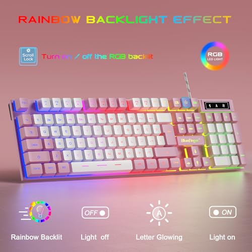 BlueFinger RGB Gaming Keyboard and Backlit Mouse and Headset Combo, USB Wired Backlit Keyboard, LED Gaming Mouse Set, Headset with Microphone for Laptop PC Computer Game and Work (Pink & White) - color: Pink & White