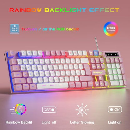 BlueFinger RGB Gaming Keyboard and Backlit Mouse and Headset Combo, USB Wired Backlit Keyboard, LED Gaming Mouse Set, Headset with Microphone for Laptop PC Computer Game and Work (Pink & White) - color: Pink & White