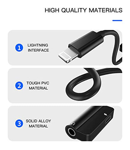 Lightning to 3.5mm Jack Dongle Splitter(2in1) for Apple MFI Certified for iPhone Aux Adapter Headphone Audio Cable Charger Cord for 7 8 Plus X Xr 14 13 12 11 Pro Max for iPad Charging Music Earphone