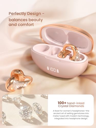 JewelPods C3 Wireless Bluetooth Earbuds, Jeweled Open-Ear Headphones, Pink | Ultra-Light Memory Wire Clip-On Earrings for All-Day Comfort, 60H Playtime, Sweat & Water Resistant, Premium Sound - color: Pink