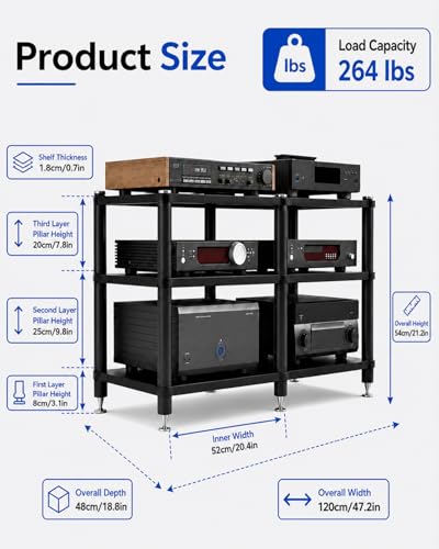 3 Tier Heavy Duty AV Media Stand, Stereo Stands and Racks, Teak | Audio Tower HIFI Rack Stereo Shelf 264 lb Load Capacity, vibration-dampening feet, open ventilation, Built for Hi-Fi systems - color: Teak, size: 3 tier