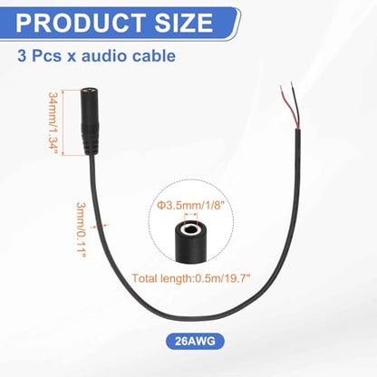MECCANIXITY 3pcs 3.5mm Female Jack to Bare Wire Open End Replacement 26AWG TRS 2 Pole Stereo 1/8" Mono Jack to Bare Wire 34mm for Earphone Headphone Cable Repair, 19.7inches - size: 19.7inches