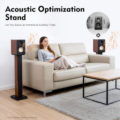 2PCS Bookshelf Speaker Stands, 34'' Universal Floor Speaker Stand Pair, 132 lbs Load Capacity, Dark Wood Grain Finish for Home Theater Bookshelf Speakers and Studio Monitors