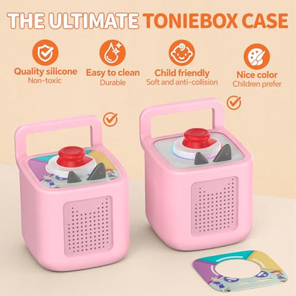 Silicone Protective Cover for Toniebox 2 Audio Player, Shockproof Anti Slip Silicone Case with Handle, Soft Easy Grip Cover, Easy to Clean Durable Sleeve (Pink) - color: Pink