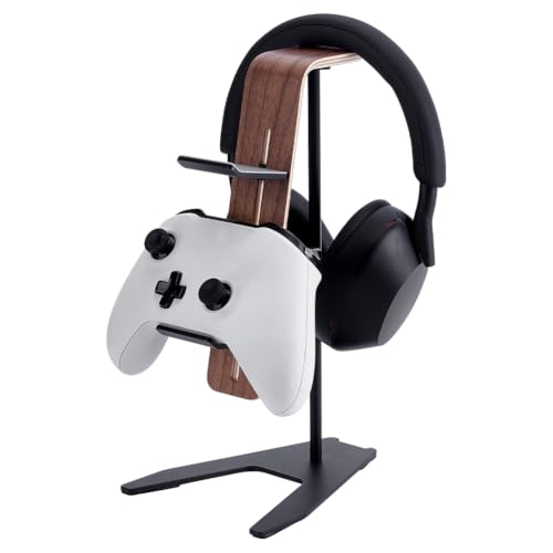 UNICRAFTALE Headphone Stand for Desk Wood & Aluminum Gaming Headset Stand Wooden Black Headphones Holder Headsets Holders with Solid Heavy Base for Gaming Equipment Headset Holder 9"x1.8"x3"