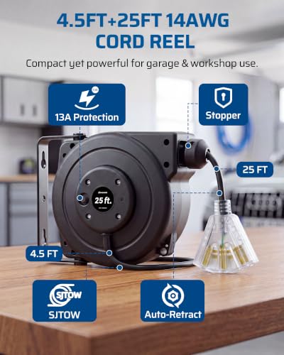 DEWENWILS 25FT Retractable Extension Cord Reel, 3-Outlet,14/3C SJTOW Cable - color: 25 Ft 14awg Black