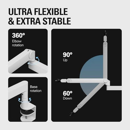 Elgato Wave Mic Arm Pro White, Gas Spring Mic Arm | Supports up to 3kg, Silent gas-spring adjustment, Hidden cable channels, Padded clamp, Compatible with most mic brands - color: White