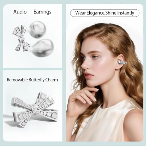 2026 Open Ear Clip On Earbuds with Detachable Butterfly Earrings, Bluetooth 6.0 Wireless Headphones for Women, 50H Playtime, Lightweight & Pain-Free Fit for Small Ears, IPX6，Great Gift Silver - color: Silver