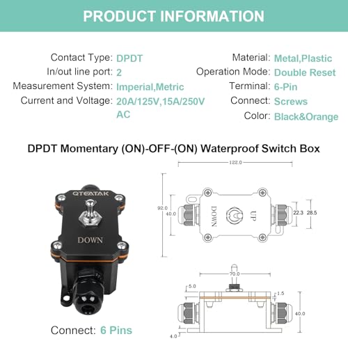 Inline Cord Switch, UP/Down Momentary (ON)-Off-(ON) Toggle Switch | AC 250V/15A 125V/20A, 3 Position 6 Screw Pin Waterproof Double Reset, Two-Side Entry&Exit Line Outdoor Electrical Switch - style: Double Reset (ON)-OFF-(ON) (UP/DOWN)