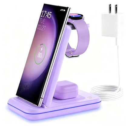 Wireless Charging Station for Samsung/Android, Fast Wireless Watch Charger Station Compatible for Samsung Galaxy S26 Ultra/S25/S24+/Z Flip 7/6 Fold 7/6, Watch8/7/Pro/Active 2 Galaxy Buds3/2 Pro(Purple - color: Purple