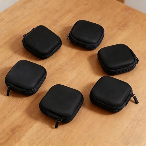 6-Pack Earphone Carry Case, Digital Data Cable Storage，Small Round Pocket Earbud Travel Carrying Case with Zipper for Smartphone Earphone, USB Cable, SD Cards Storage Bags,and More,Black
