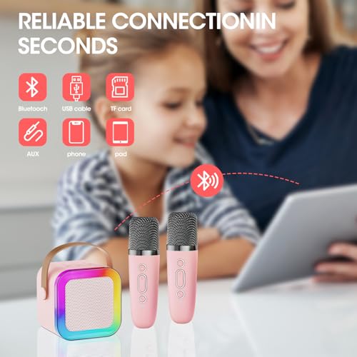 Kids Karaoke Machine Toy Ages 3-12, Wireless Mic BT Speaker, Pink - 1 Mic | Voice Changer, LED Party Lights, Duets, BT 5.3, Mini Rechargeable Portable, Christmas Birthday Gifts for Toddler Boys & Girls - color: Pink - 1