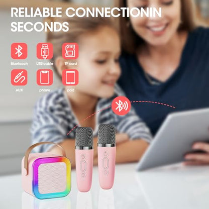 Kids Karaoke Machine Toy Ages 3-12, 2 Wireless Mics BT Speaker, Pink | Voice Changer, LED Party Lights, Duets, BT 5.3, Mini Rechargeable Portable, Christmas Birthday Gifts for Toddler Boys & Girls - color: Pink - 2