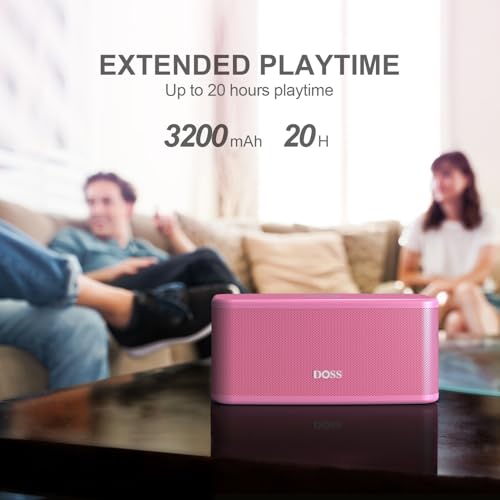 DOSS SoundBox Plus Portable Bluetooth Speaker with 16W Stereo Sound-Pink | Rich bass, 20H Playtime, Wireless Stereo Pairing, Hands-free Calls, Bluetooth 5.0, For Home, Office, Dorm, Camping, Backyard - color: Pink