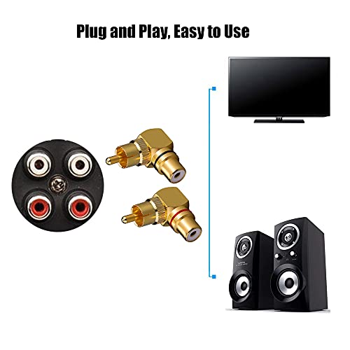 4 Pcs RCA 90 Degree Adapter Gold-Plated Right Angle RCA for Wall Mount TV | 90° Space-saver, Gold-plated resists corrosion, Heavy-duty with 360° grip ring, Fits DVD/TV/soundbar/AV, for wall TV & sub