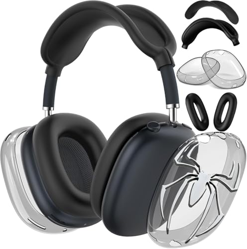 [4 in 1] Case Cover for AirPods Max 2/1 (2026/2024/2020) Ear Pad Case Cover/Headband Cover/Ear Cups with 3D Spider Chrome Emblems Badges for Apple AirPods Max Headphones (Black Case Sets) ﻿ - color: Black Case Sets