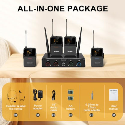 MELONARE Compact 4-Channel UHF Wireless Microphone System MWM-41-4B | 4 Headset/Lapel Microphones, 4 x 10 Frequencies, 200 ft Range, Hands-Free Vocals, Church, Conference - size: 4 Bodypack Mics