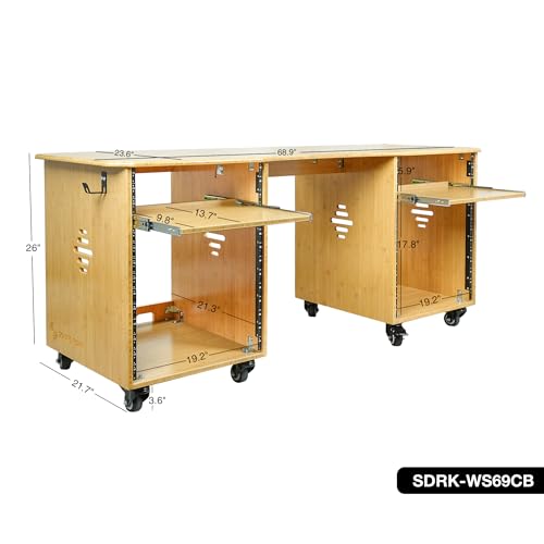 Sound Town Studio Desk Workstation with Dual 13U Side Rack Cabinets, Slide-Out Trays, Casters, for Recording Rooms and Home, Solid Carbonized Bamboo (SDRK-WS69CB) - size: 2X13U(3U Top+10U Lower),Carbonized Bamboo