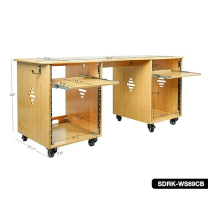 Sound Town Studio Desk Workstation with Dual 13U Side Rack Cabinets, Slide-Out Trays, Casters, for Recording Rooms and Home, Solid Carbonized Bamboo (SDRK-WS69CB) - size: 2X13U(3U Top+10U Lower),Carbonized Bamboo
