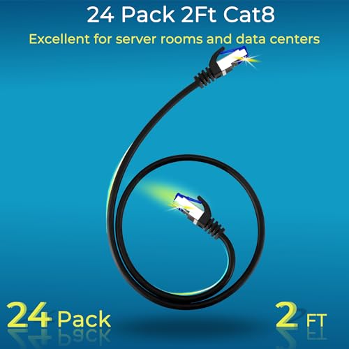 Rapink Patch Cables Cat8 2ft 24 Pack Slim, Cat8 Ethernet Patch Cable 40G Support, Snagless Cat 8 Patch Cable for Patch Panel to Switch, Flexiable Cat 8 Ethernet Cable Datacenter with Gold Plated - size: 2ft, style: 24 Pack