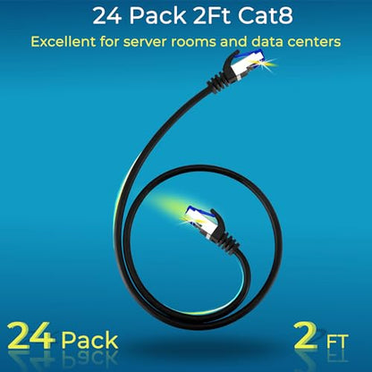 Rapink Patch Cables Cat8 2ft 24 Pack Slim, Cat8 Ethernet Patch Cable 40G Support, Snagless Cat 8 Patch Cable for Patch Panel to Switch, Flexiable Cat 8 Ethernet Cable Datacenter with Gold Plated - size: 2ft, style: 24 Pack