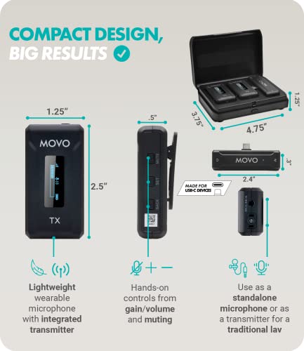 Movo WMX-2-C Duo Wireless Microphone System for USB-C – Dual Clip-On Lavalier Mics for iPhone 15, Android, iPad Pro, MacBook – 2 Wireless Transmitters, Charging Case, 7HR Battery, 328ft Range - style: 2 Transmitters