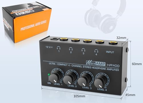 HA400 Headphone Amplifier 4 Channel Metal Stereo Audio Amplifier | Mini Earphone Audio Amplifier, 12V 1A Power Adapter, 1/4" TRS Headphones Output, TRS Audio Input, PC Guitar Studio Stage