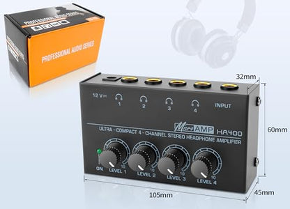 HA400 Headphone Amplifier 4 Channel Metal Stereo Audio Amplifier | Mini Earphone Audio Amplifier, 12V 1A Power Adapter, 1/4" TRS Headphones Output, TRS Audio Input, PC Guitar Studio Stage