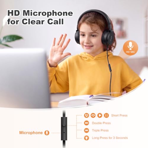AILIHEN I35 Kids Headphones for School with Mic, 93dB Volume Limited, Black | Wired On Ear Headphones for Boys Girls, Foldable Lightweight Headphone for Classroom Learning & Entertainment Travel Computer - color: Jet Black