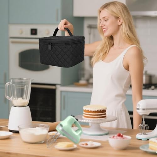 Hand Mixer Carrying Bag for KitchenAid 5/6/7/9 Speed Mixers | Quilted Storage Case with Aluminum Lining, Clear PVC Pocket and Top Handle for Hand Mixer, Beaters and Attachments, Black