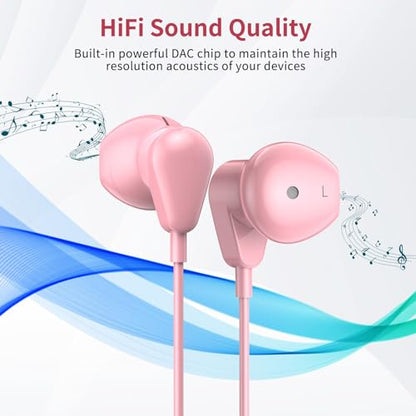 Jelanry 3.5mm Earbuds with Microphone Wired Headphones for Laptop PC, Pink | Sport Headset for iPhone 6 6s Samsung A25 A15 S10 Laptop PC Chromebook Switch Airplanes Kindle Fire Kids School Students Gift - color: Pink
